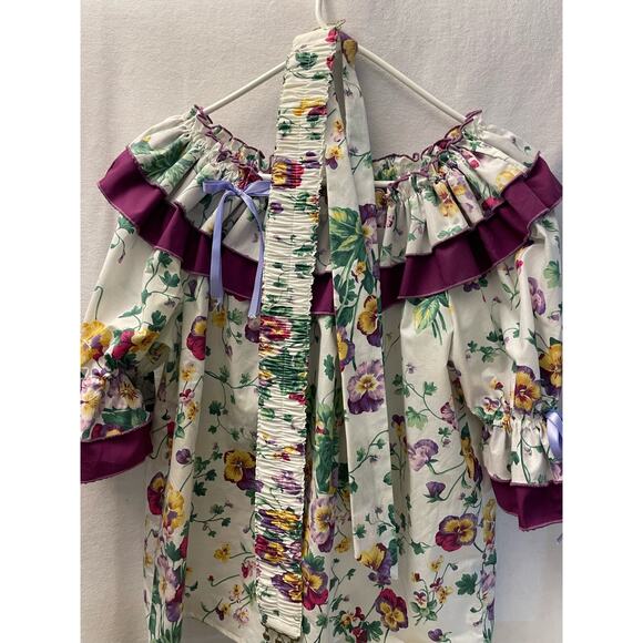 Square dancing top, shirt, hair tie & belt 4 piece pansy‎ purple green hand made - Picture 3 of 5